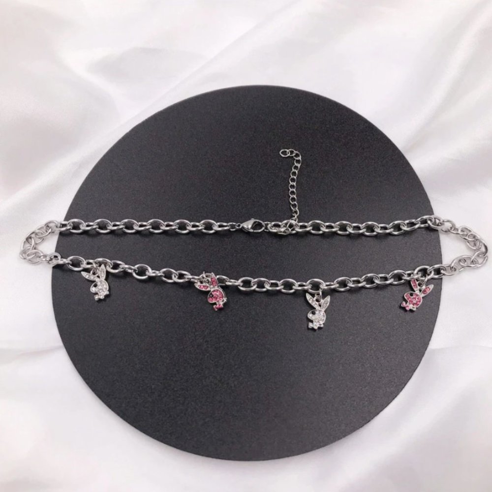 Playboy Bunny Pink + Silver Chain Choker Necklace - Picture 2 of 3